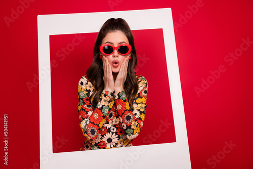 Photo of amazed luxurious lady watch herself shot picture wear groovy clothes isolated bright color background