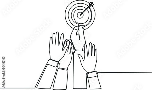 Continuous one line drawing. employees' hands compete to achieve the target. Single line draw design vector graphic illustration.
