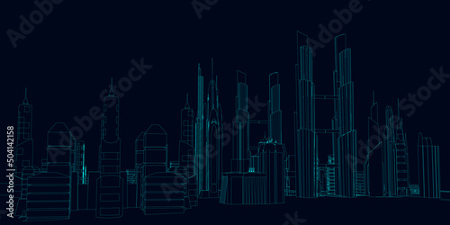 Outline of a futuristic city from blue lines isolated on a dark background. Vector illustration.