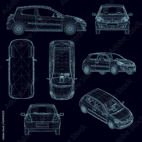 Set with light car frames in different positions from blue lines isolated on a dark background. 3D. Vector illustration. photo