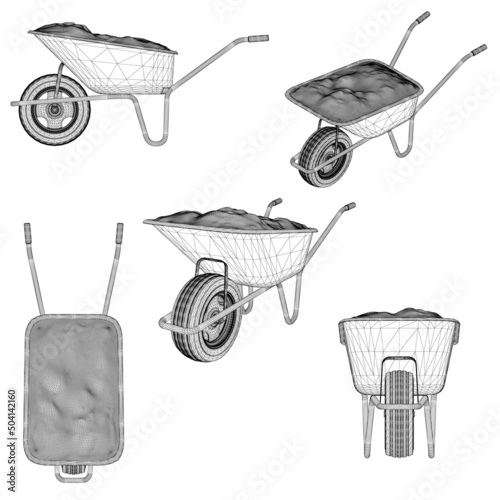 A set with wheelbarrow frames on two wheels for transporting goods by hand in different positions from black lines isolated on a white background. 3D. Vector illustration.
