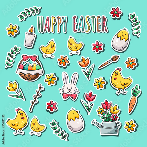 Hand drawn sticker set of Easter elements in doodle sketch style. Vector illustration for icon, stickers, background, frame design.