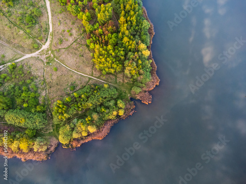 aerial view of the banks of Lake Olbersdorf (Olbersdorfer See) near Zittau. Lake Olbersdorf is a flooded former brown coal pit near the Polish and Czech border in Germany