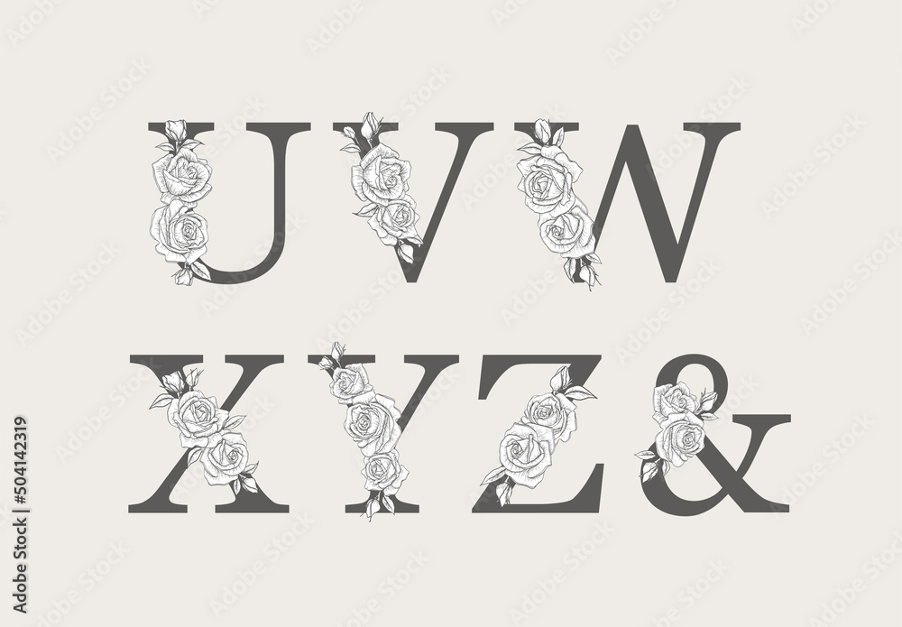 Floral botanical alphabet. Letter with sketch plant and rose flower. Part 3 Floral botanical alphabet. Letter with sketch plant and rose flower. Part 3