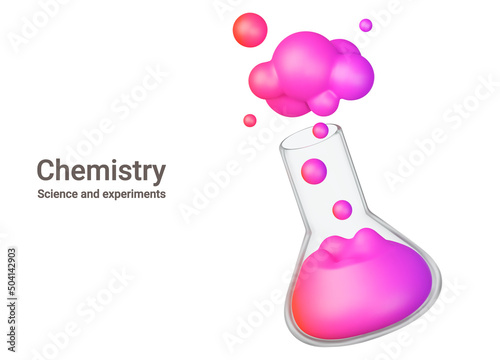 Flask of chemistry. Multicolored chemical is boiling and smoking. Isolated 3d object on a transparent background