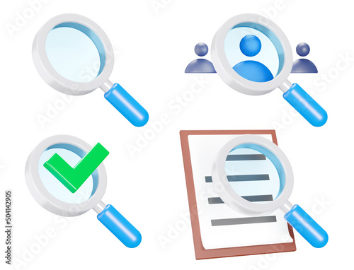 Magnifying glass icon set. Search and Review. Find a person, employee, checkmark, read a document. Isolated 3d icons, objects on a transparent background