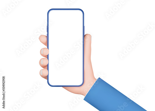 Phone in hand. Template, hand holding smartphone Isolated 3d object on a transparent background
