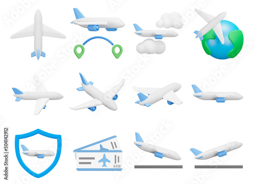 Planes icon set. Air travel, flying on a passenger plane. Isolated 3d icons, objects on a transparent background