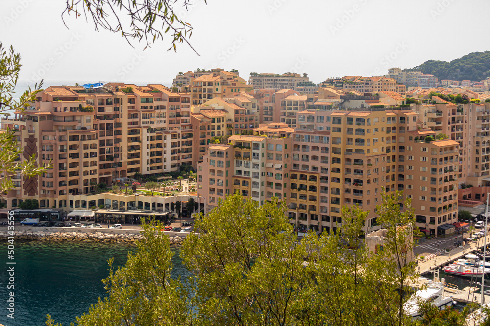 Panoramic aerial view of Fontvieille - district of Monaco-Ville.Luxury yacht moored in the bay of Monaco, France . Principality of Monaco is a sovereign city state, located on the French Riviera