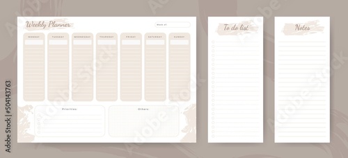 Week planner and to do list and notes pages set in pastel colors. Set for notes, notebooks, diary, organizer and schedule. 