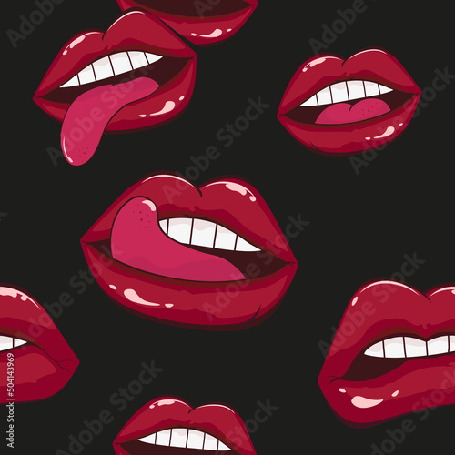 Wallpaper Mural Comic female lips pattern in pop art retro style. Mouth with kiss, smile, tongue, teeth. Vector illustration Torontodigital.ca