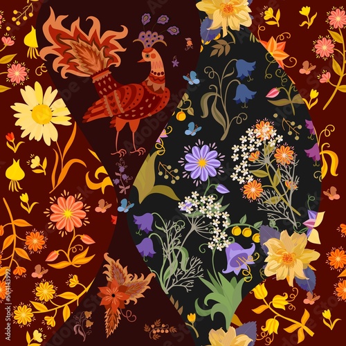 Bright patchwork pattern with fabulous peacock, flowers, leaves, bulbs, butterflies in vector. Seamless print for pillow, pillowcase, doily, pocket, bag.