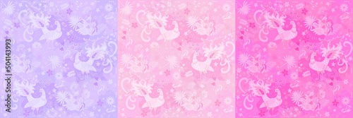 Collection of beautiful matching fabrics, wallpaper with natural patterns in vector. Seamless prints in purple, pink, crimson colors with fabulous peacocks, palm leaves and flowers. Vintage motifs.