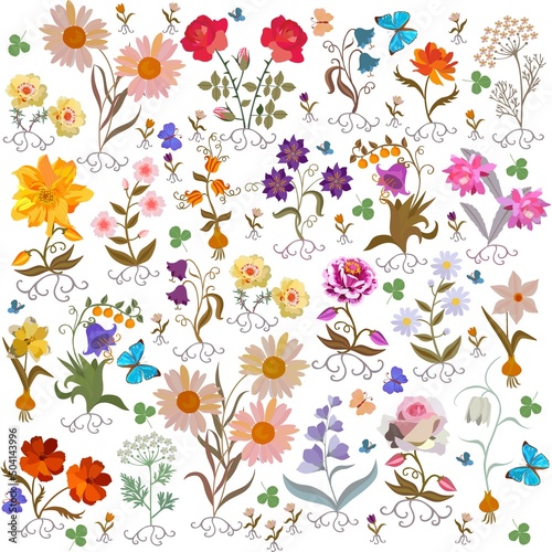 Romantic floral pattern with garden flowers, leaves, roots, berries, butterflies isolated on white background in vector. Seamless print for fabric, wallpaper.