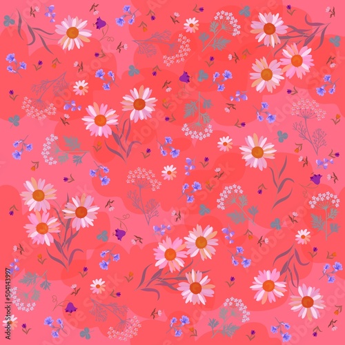 Bouquets of daisies, umbrella flowers, lobelia on a strawberry and watermelon pink background in vector. Seamless romantic print for fabric, wallpaper. Beautiful illustration.