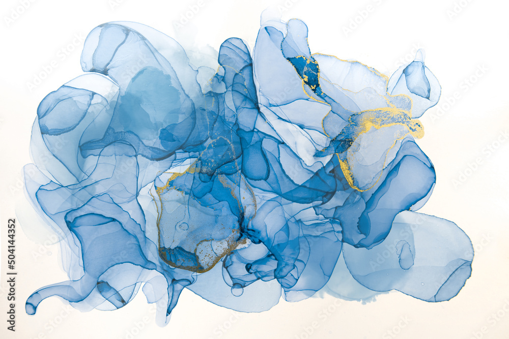 Fototapeta premium Alcohol ink blue and gold abstract background. High resolution watercolor ink texture, background. Blank space for text, design. High resolution watercolor ink texture, background.