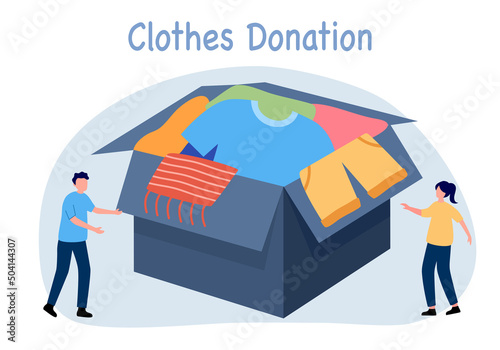 Sharing clothes to people. Clothes donation concept. Man and woman with box full of clothes in flat design. Time for charity.