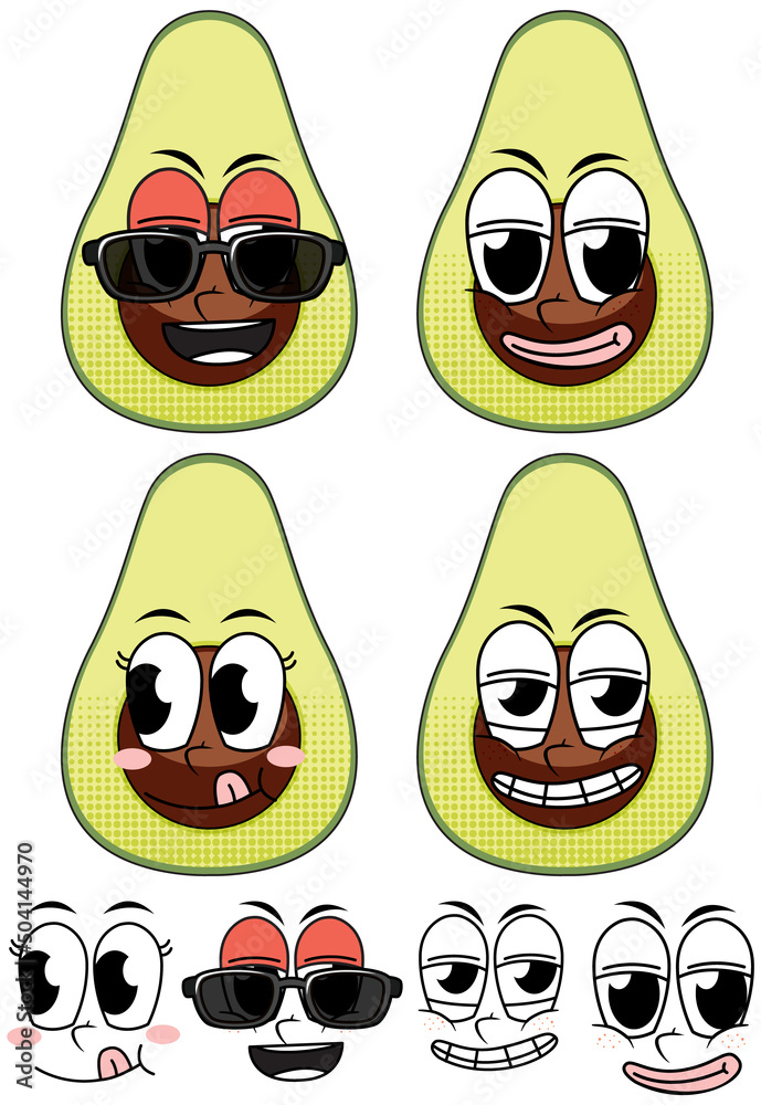 Set of facial expression vintage style cartoon with avocado on white background