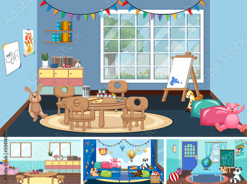Set of different kindergarten classroom scenes
