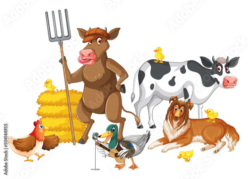 Farm animals on white background