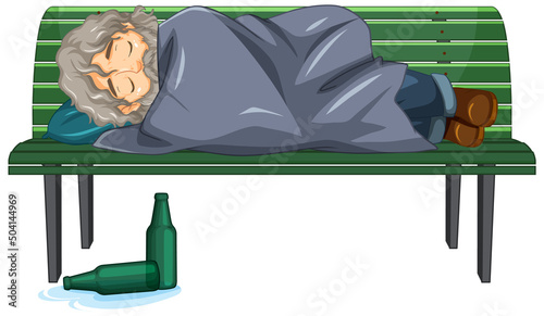Homeless old man sleeping on bench