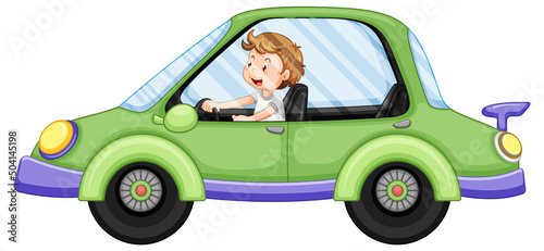 Cartoon boy driving green car