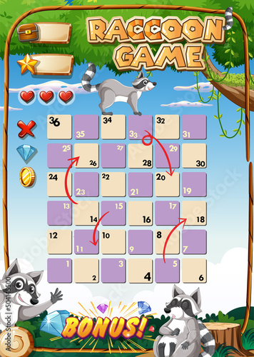 Game template design with raccoons in forest