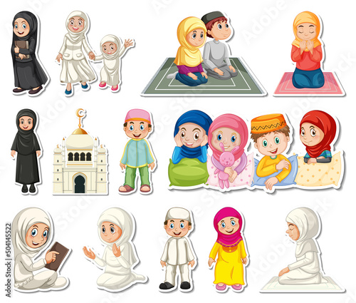 Sticker set of Islamic religious symbols and cartoon characters