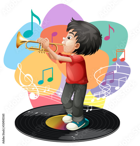 A boy playing trumpet and music melody symbols