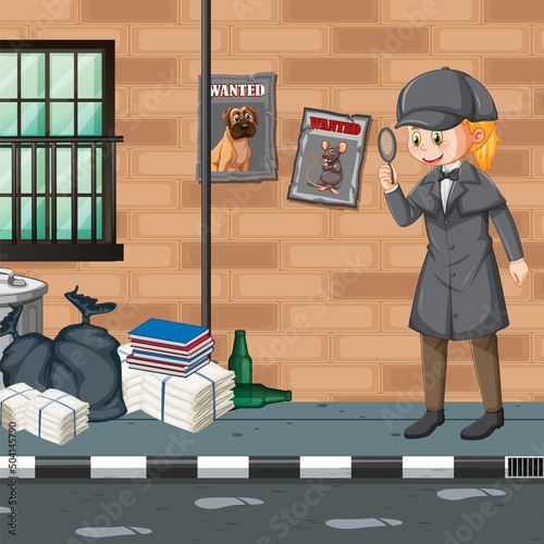 Detective looking for clues with magnifying glass in scene