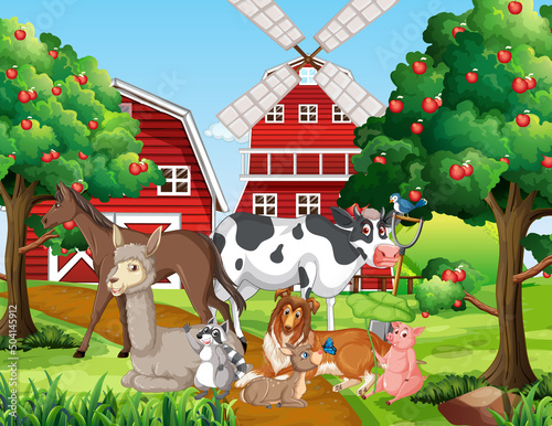 Farm scene with many animals