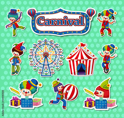 Sticker set of amusement park objects and cartoon characters
