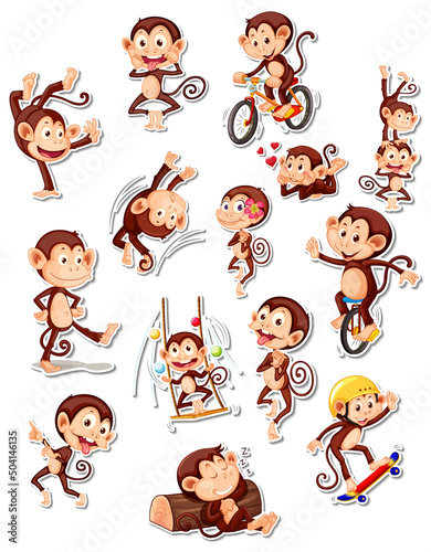 Sticker set of funny monkey cartoon characters