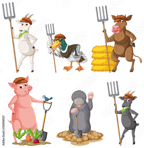 Farm animals holding fork and shovel