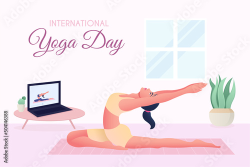 International Yoga Day, Online Yoga Classes girl doing Yoga with laptop