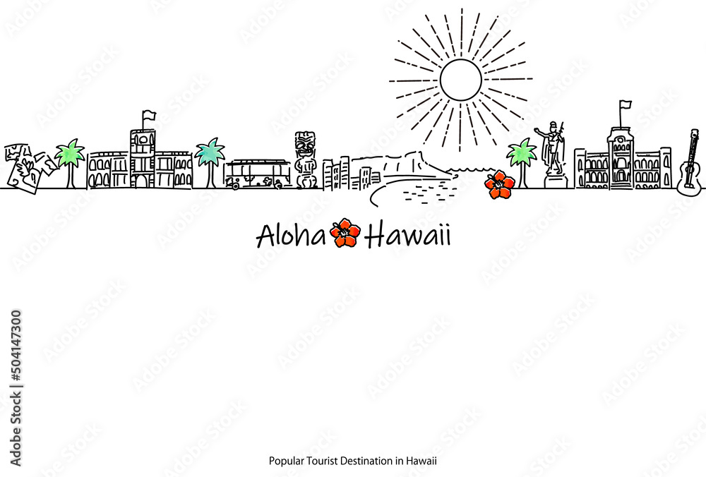 ハワイ（オアフ島）の観光地の街並シンプル手描き線画