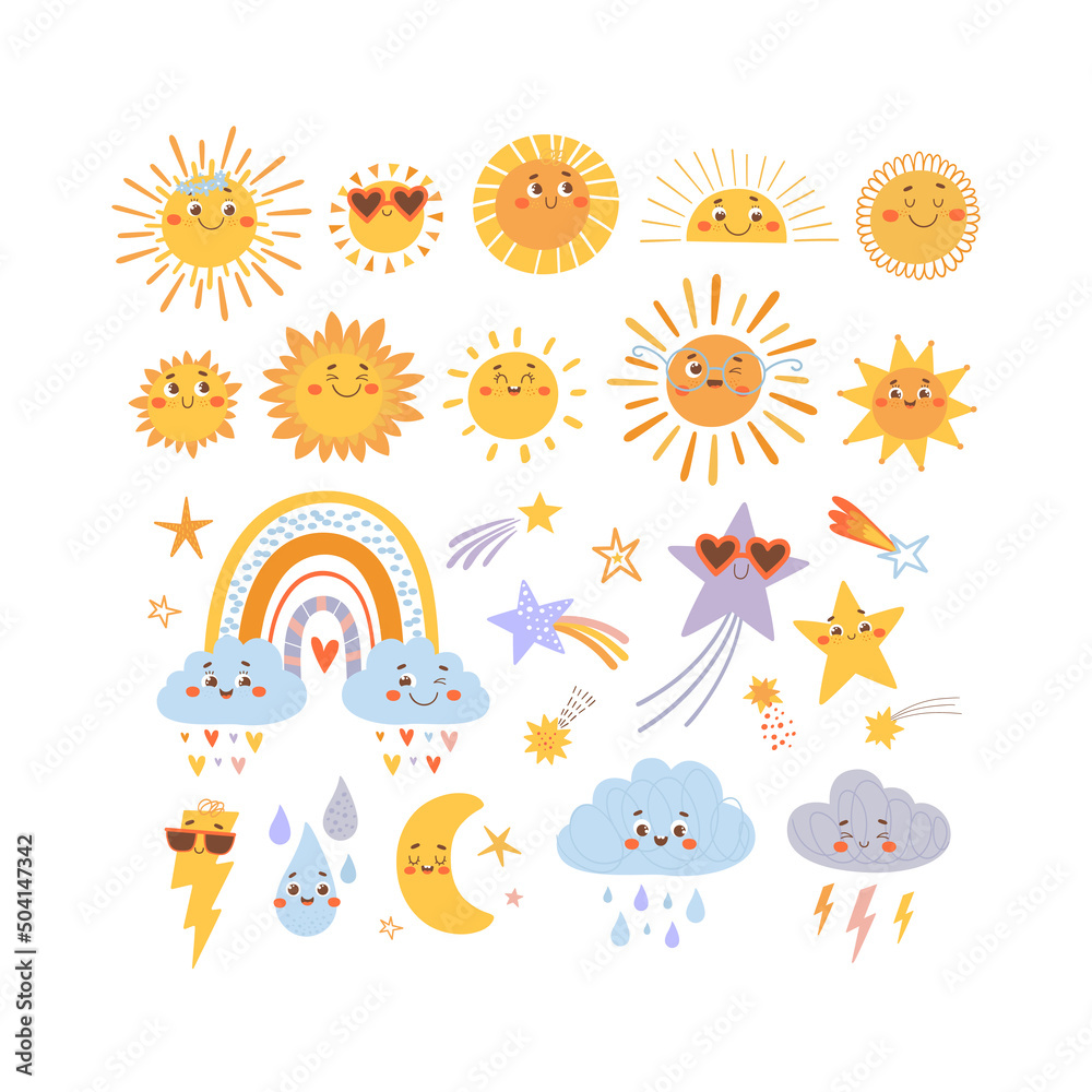 Cute sun, cloud, star, rainbow characters with funny smiling faces. Vector clipart set.