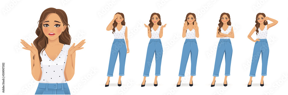 Young woman with curly hairstyle showing negative emotions with different gestures set. Thumb down, sad, angry, upset, refused isolated vector ilustration. Young woman with curly hairstyle showing negative emotions with different gestures set. Thumb down, sad, angry, upset, refused isolated vector ilustration.