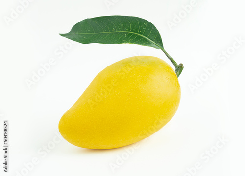 An image isolated a one yellow color mango is a fruit ripe with green leaf the food sweet taste on the white background with clipping path.