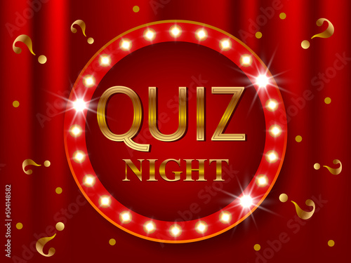 Quiz night announcement poster design web banner background vector illustration. Pub quiz held in a pub or bar, night club. Modern pub team game. Questions game shining retro light banner