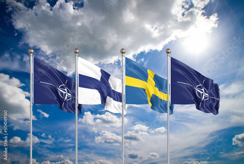 Flags of NATO - North Atlantic Treaty Organization, Finland, Sweden.  - 3D illustration.  Isolated on sky background.