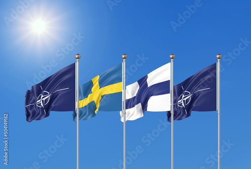 Flags of NATO - North Atlantic Treaty Organization, Finland, Sweden.  - 3D illustration.  Isolated on sky background. photo