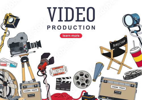 Video production. Background design with a set of equipment and tools for the film making and video contents creation. Vector illustration