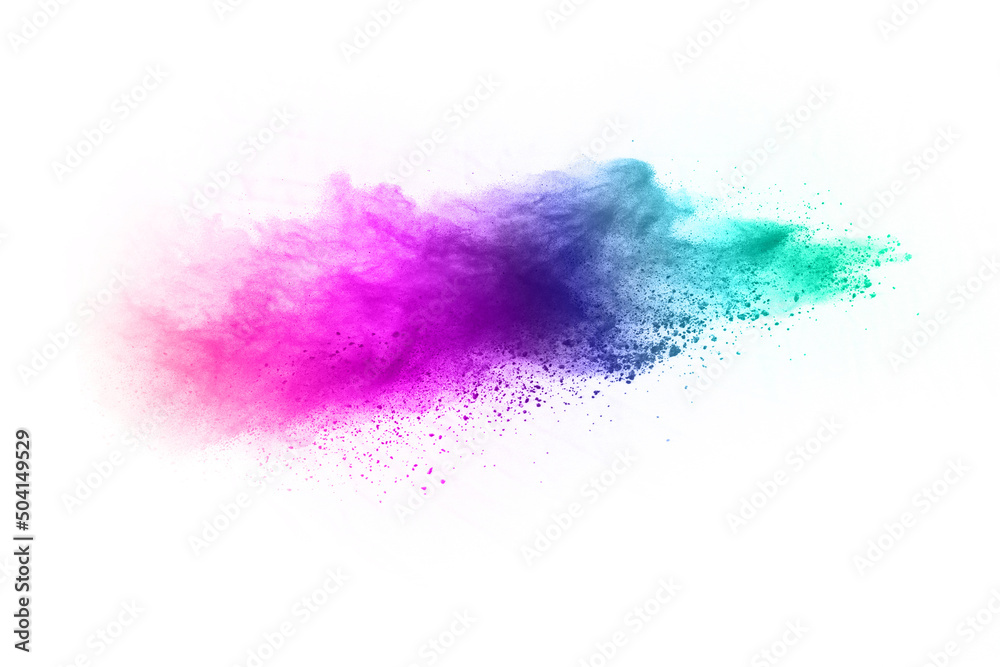 Abstract colorful powder splatted background. Colorful powder explosion on white background. Colored cloud. Colorful dust explode. Paint Holi.