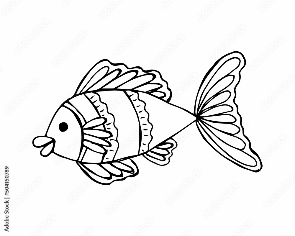 Obraz premium Hand drawn fish in doodle or sketch style, single element in black and white color
