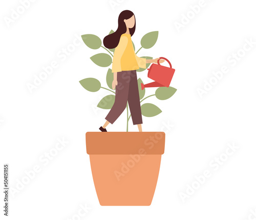 Personal growth icon. Woman in flowerpot watering herself. Self-improvement and self development. Metaphor growth personality as plant. Vector flat illustration 