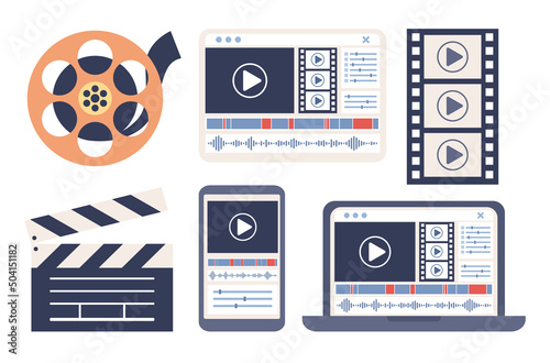 Video editing icon set. Edit media content, video production concept. Motion designer, video maker. Timeline window in program, clapperboard, filmstrip, film reel. Vector flat illustration 