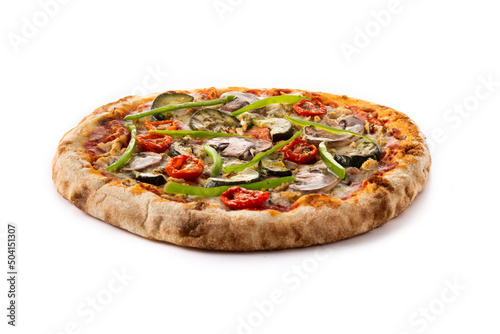 Vegetarian pizza with zucchini, tomato, peppers and mushrooms