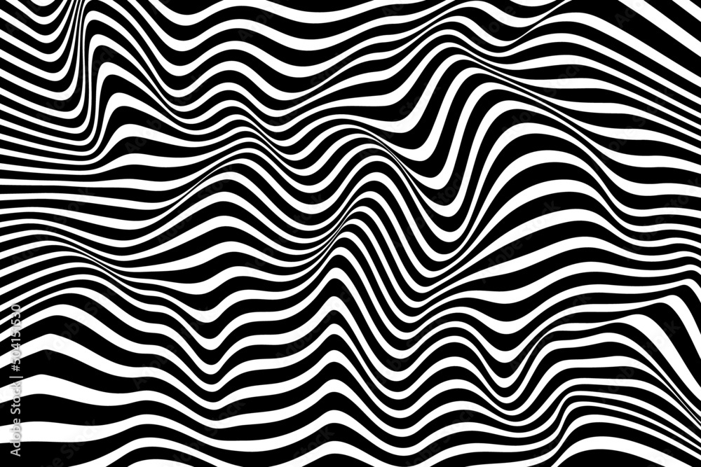 Abstract black and white striped wave background. Stylish curved stripes pattern surface. Optical illusion art. Digital geometric wavy zebra background texture