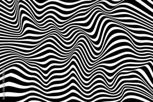 Abstract black and white striped wave background. Stylish curved stripes pattern surface. Optical illusion art. Digital geometric wavy zebra background texture